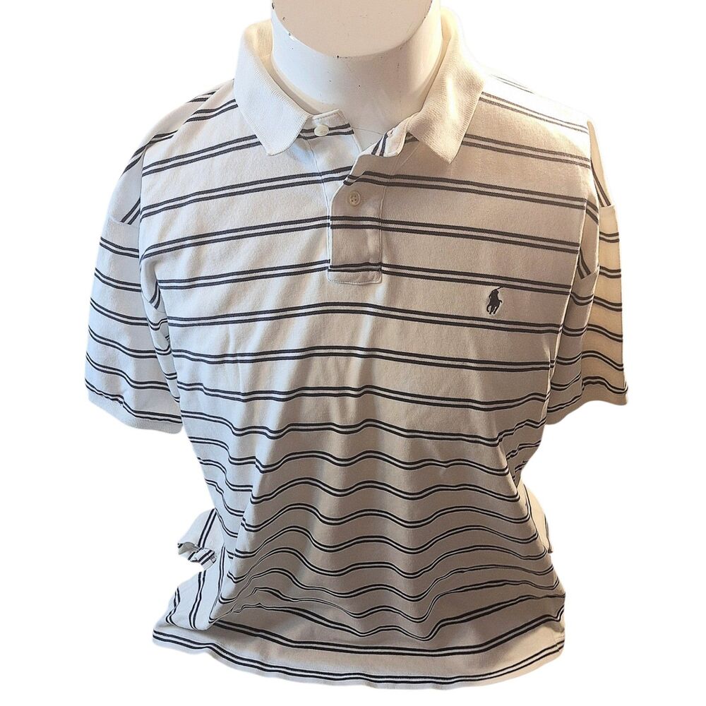 Polo by Ralph Lauren Mens XL Striped Polo Shirt White Black Pony Logo 100% Cotto
